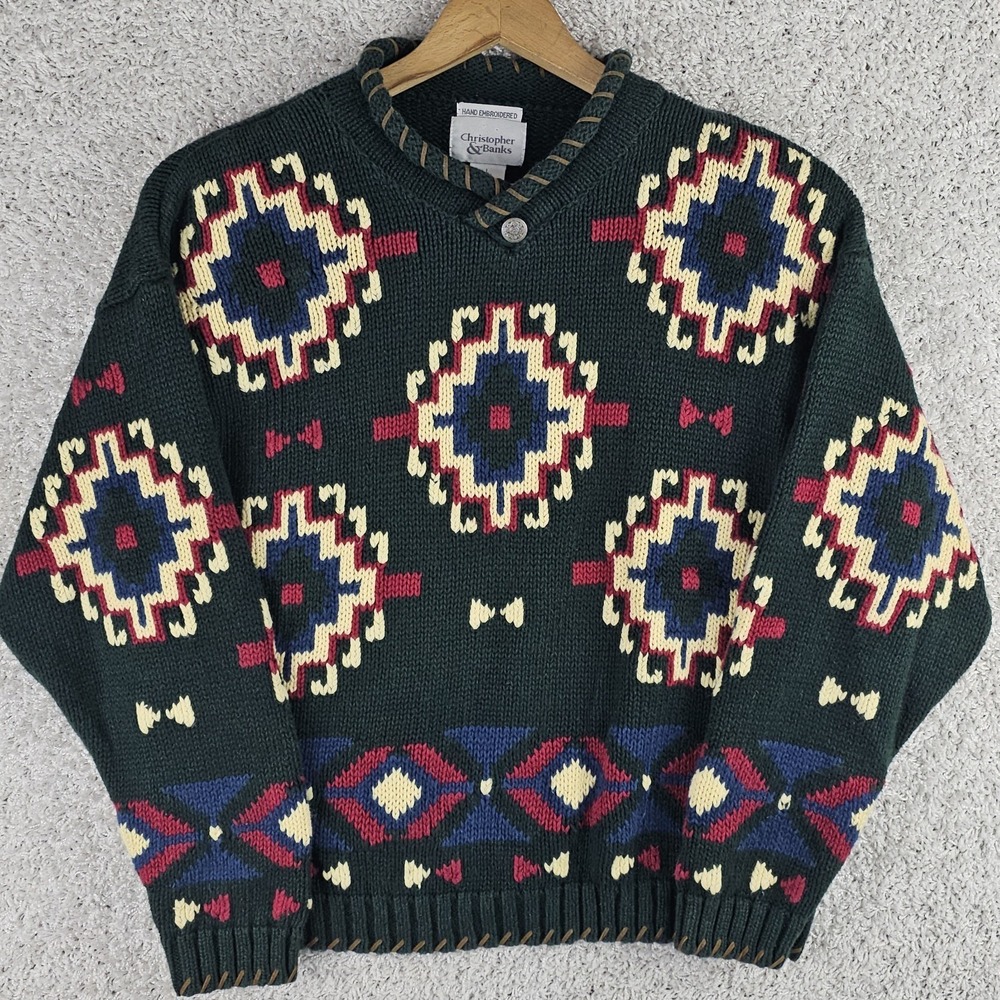 Vintage Christopher Banks Hand Embroidered Aztec Sweater 90s Womens Large